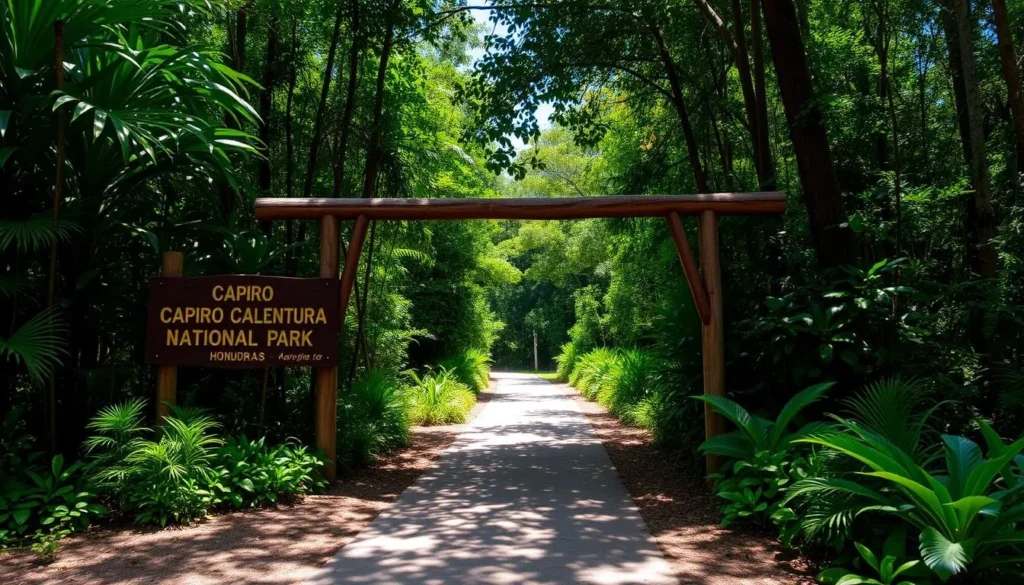 Entrance to Capiro Calentura National Park with signage and tropical vegetation Entrance to Capiro Calentura National Park with signage and tropical vegetation