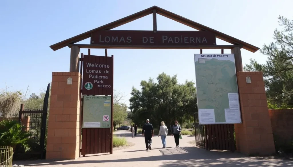Entrance to Lomas de Padierna National Park with welcome sign and trail map