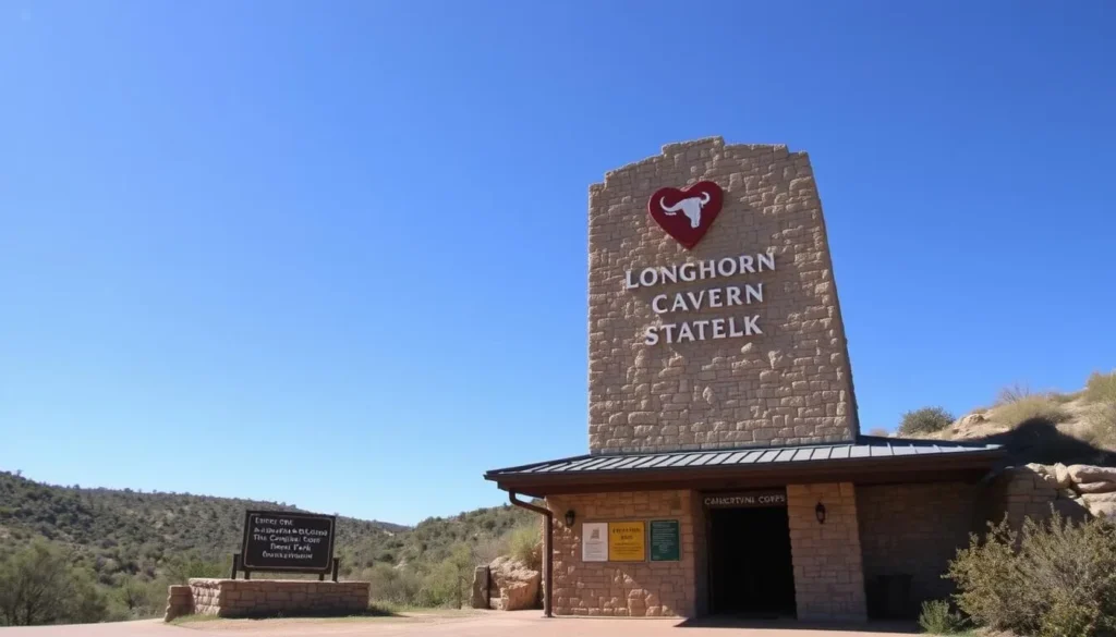 Entrance to Longhorn Cavern State Park, Texas showing the stone entrance building and park signage