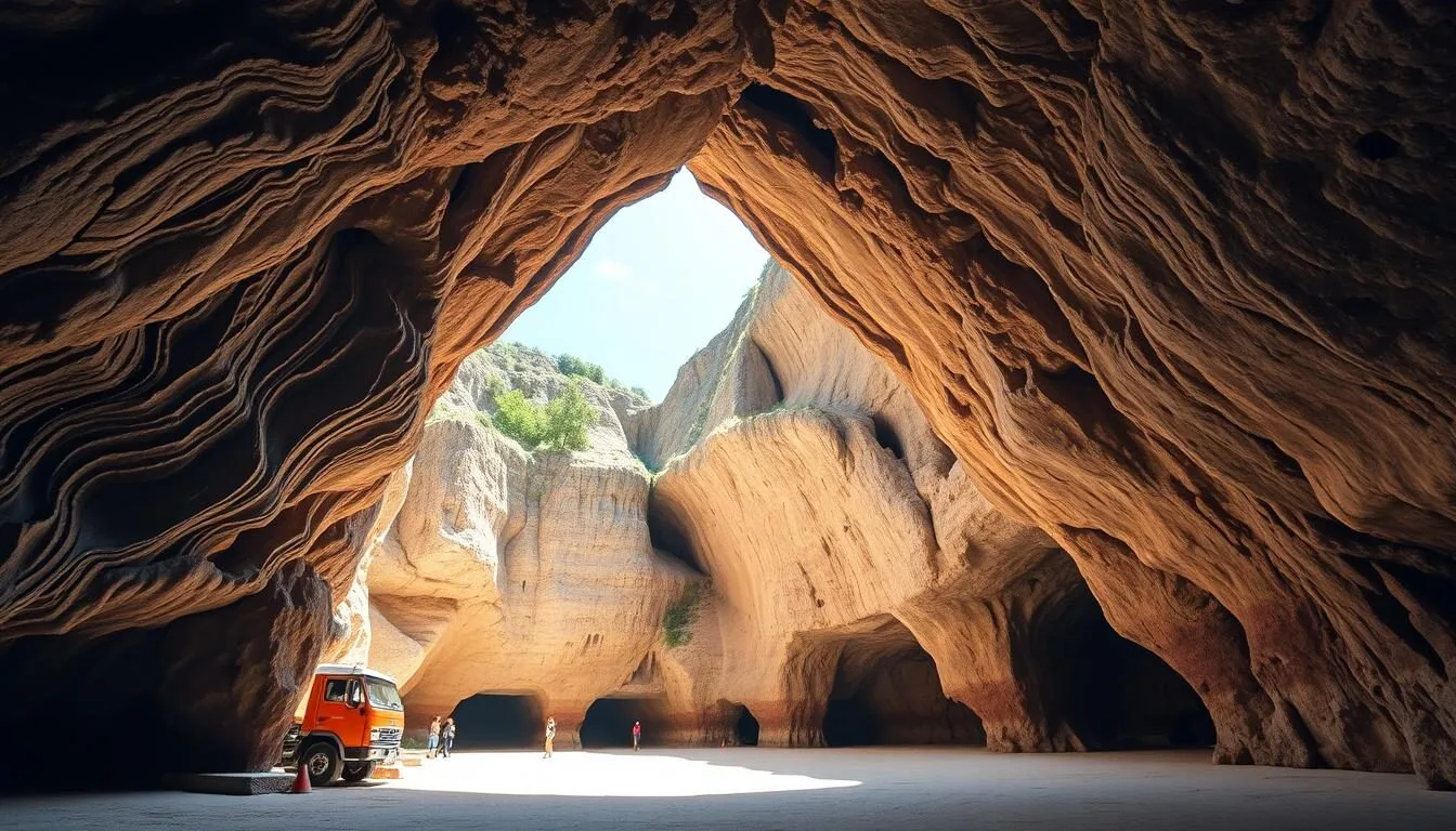 Entrance to the massive Grutas de Cacahuamilpa cave system showing the enormous limestone formations and lighting