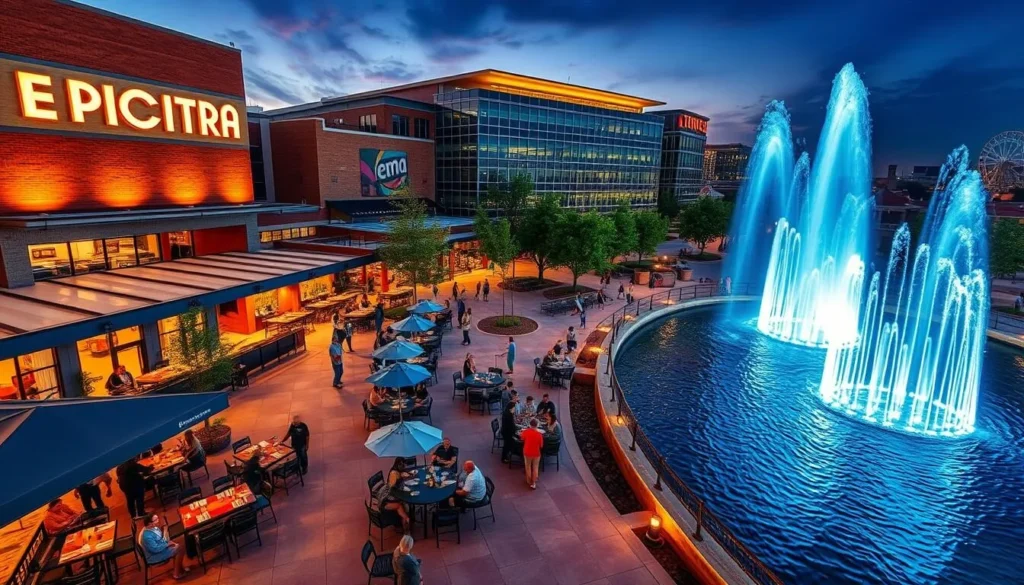 EpicCentral entertainment district in Grand Prairie with water shows and recreational areas