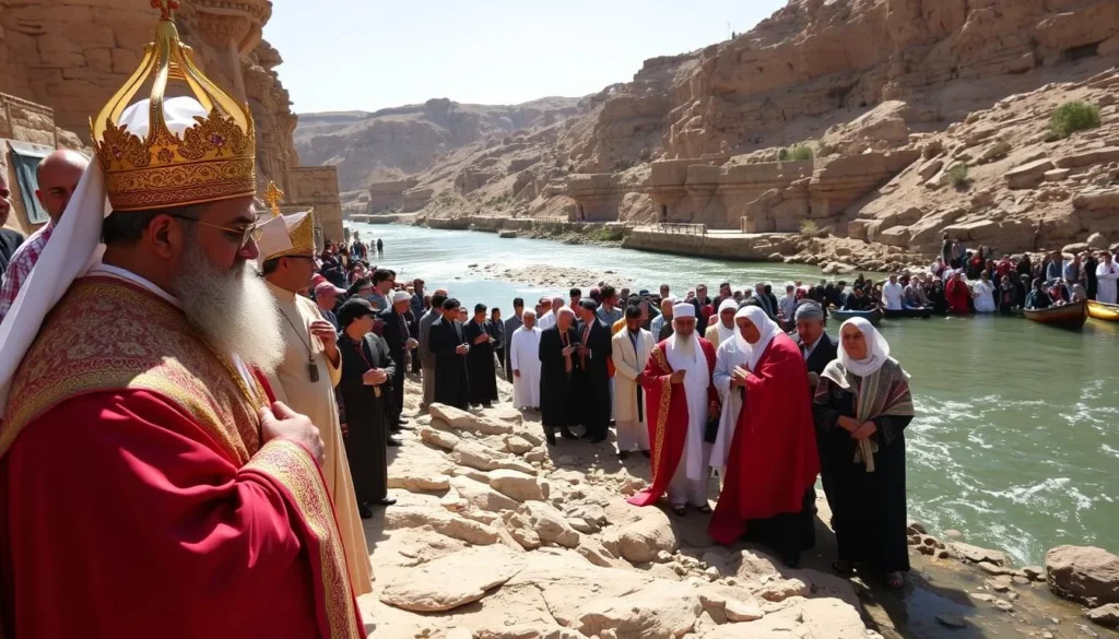 Epiphany celebrations at Al-Maghtas with priests and pilgrims at the Jordan River