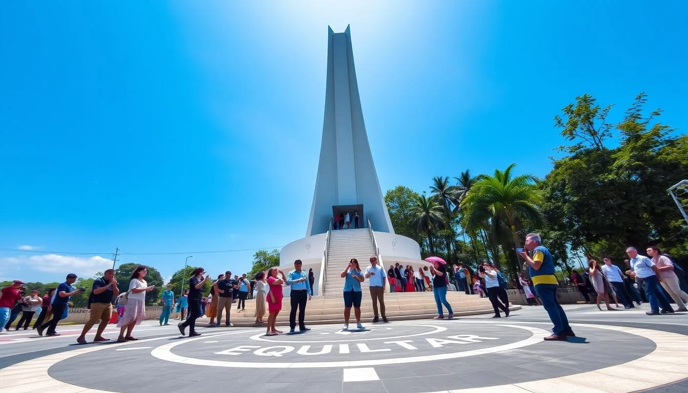 Equator Monument (Tugu Khatulistiwa) in Pontianak, Indonesia with tourists standing on the equator line