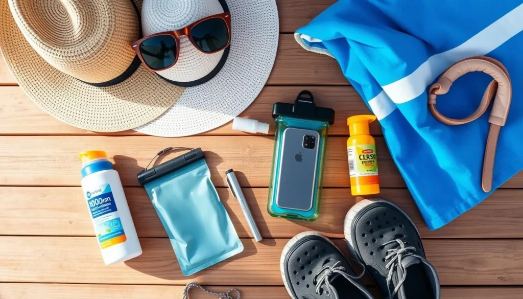 Essential beach items for a visit to Maracaipe including sun protection and water gear