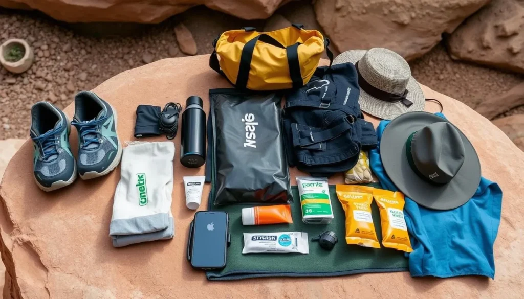 Essential gear for Wadi Shab hike including water shoes, dry bag, and water bottle