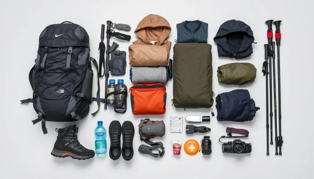 Essential trekking gear laid out for a Raphstreng Tsho expedition