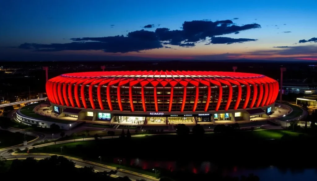 Estádio Beira-Rio stadium in Porto Alegre illuminated at night with its distinctive red lighting Estádio Beira-Rio stadium in Porto Alegre illuminated at night with its distinctive red lighting