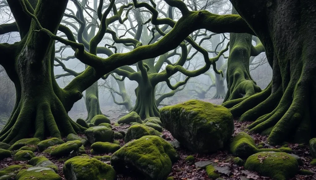 Ethereal Wistman's Wood with moss-covered boulders and twisted oak trees Ethereal Wistman's Wood with moss-covered boulders and twisted oak trees