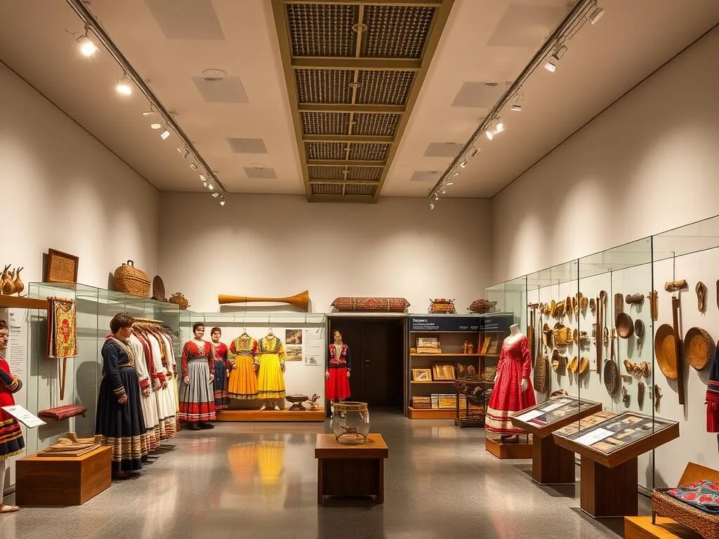 Ethnographic display at the National Museum of the Udmurt Republic showing traditional costumes and artifacts Ethnographic display at the National Museum of the Udmurt Republic showing traditional costumes and artifacts