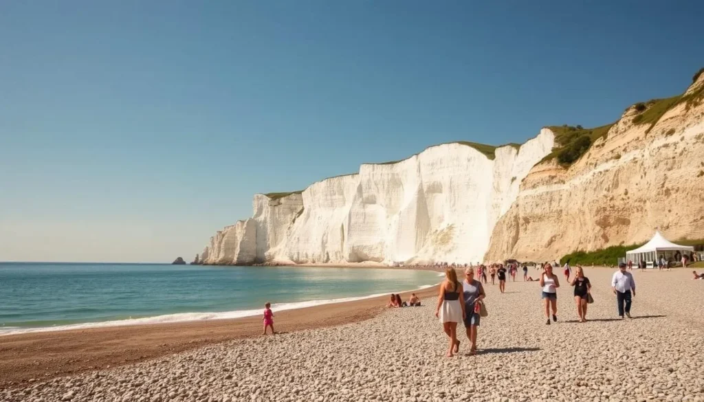 Etretat beach and cliffs during summer with tourists enjoying the weather-savvy trip experience Etretat beach and cliffs during summer with tourists enjoying the weather-savvy trip experience