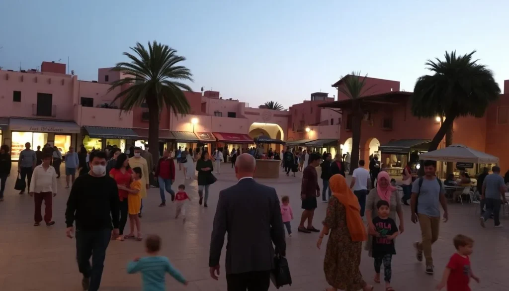 Evening atmosphere at Place Al-Mouahidine in Ouarzazate with locals gathering