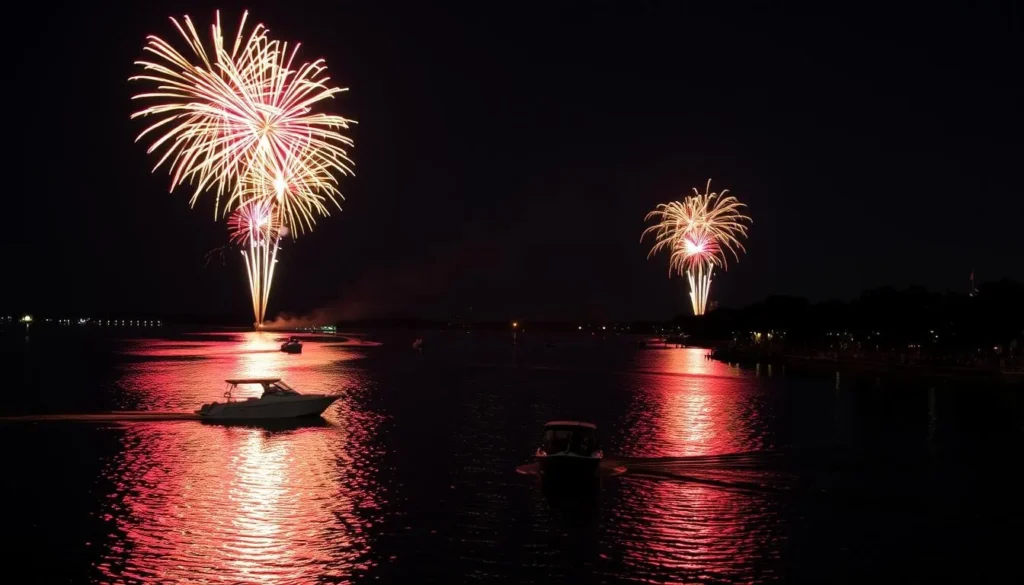 Evening fireworks display over Lake Ray Hubbard during Rowlett's July 4th celebration