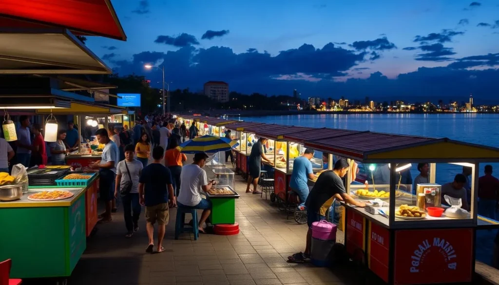 Evening food stalls along Losari Beach promenade with locals and tourists enjoying street food