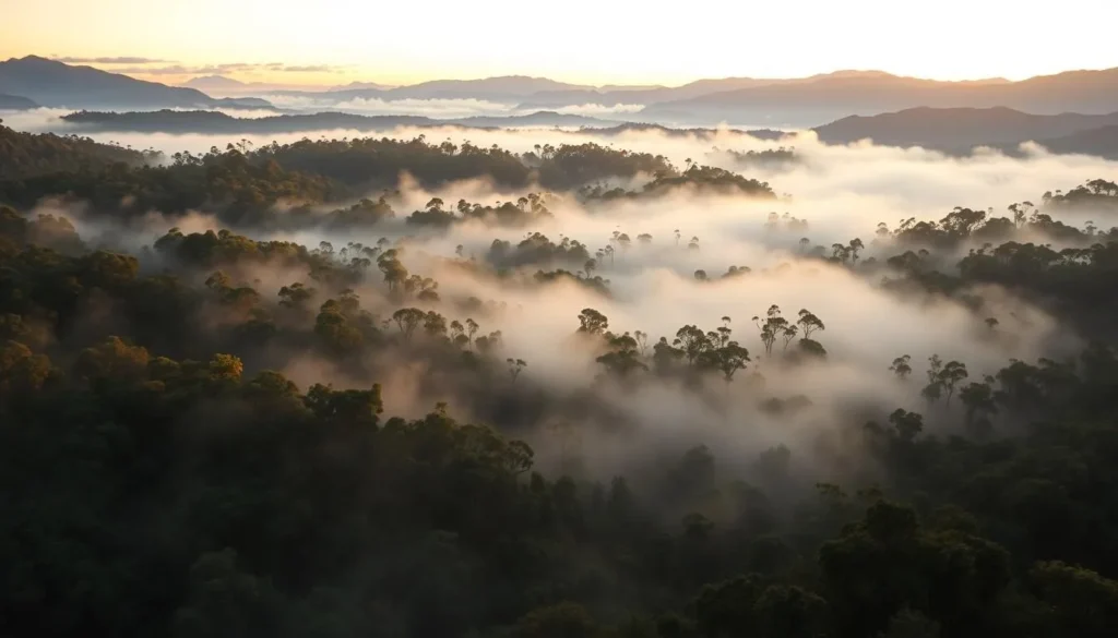 Evening mist rising through rainforest canopy at Eungella National Park, Queensland