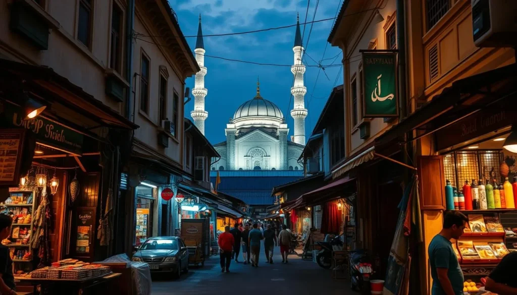 Evening scene in Ampel Arab Quarter in Surabaya with narrow streets, vendors, and the historic Ampel Mosque illuminated