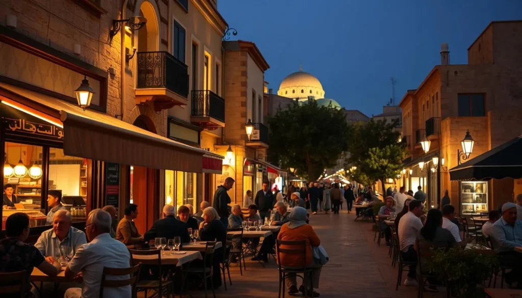 Evening scene in Madaba with locals and tourists enjoying outdoor cafes along a lively street Evening scene in Madaba with locals and tourists enjoying outdoor cafes along a lively street