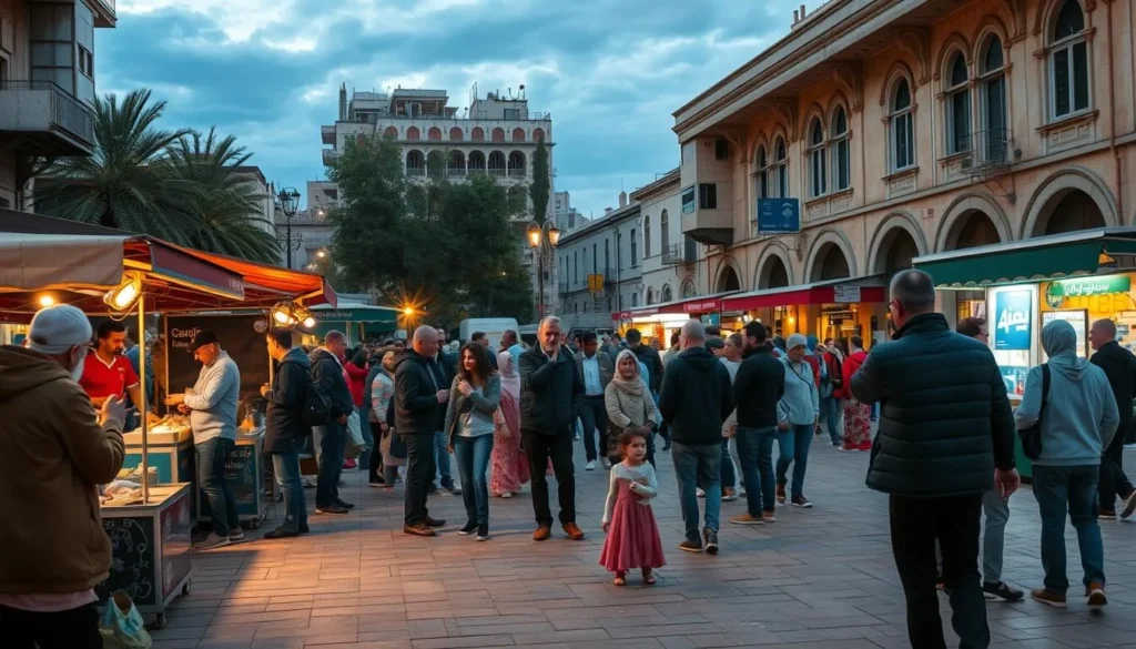 Evening scene in a Homs city square with locals gathering and street performers