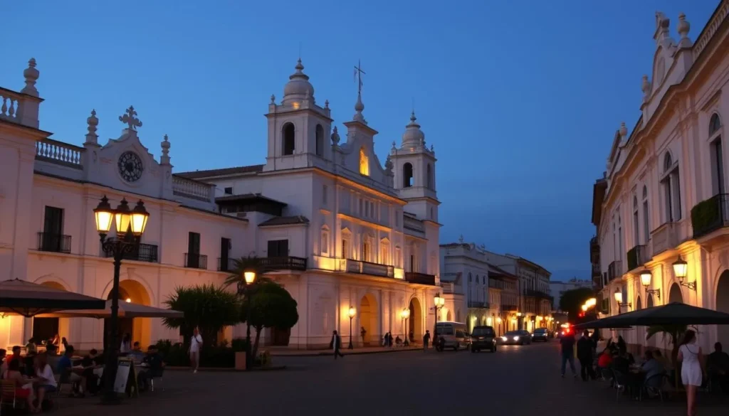 Evening scene of illuminated white colonial buildings in Popayan Colombia with locals and visitors enjoying the atmosphere