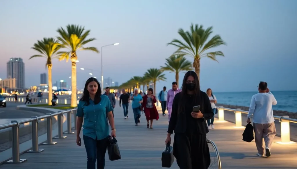 Evening stroll along Katara Beach promenade with city lights Evening stroll along Katara Beach promenade with city lights