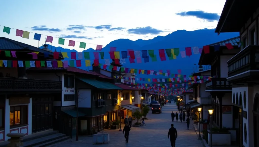 Evening view of Phuentsholing town with traditional Bhutanese buildings and prayer flags