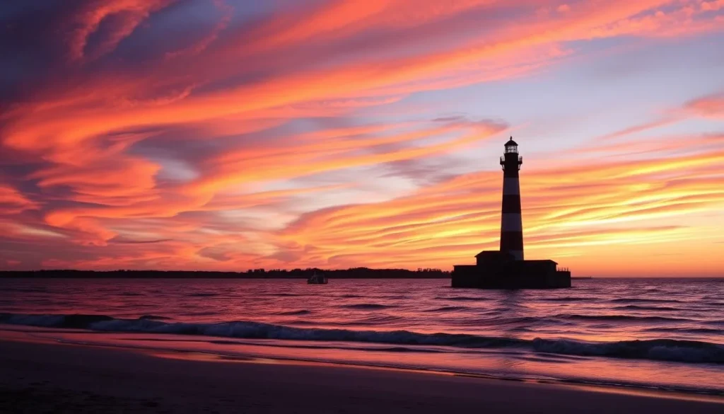 Evening view of Sullivan's Island with the lighthouse silhouetted against a colorful sunset