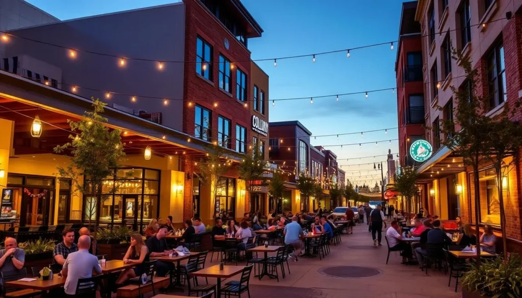 Evening view of The Colony's entertainment district with outdoor dining and activities