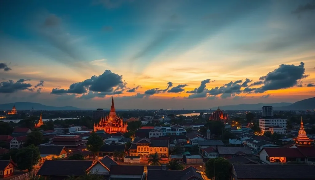 Evening view of Vientiane with traditional temples and modern buildings