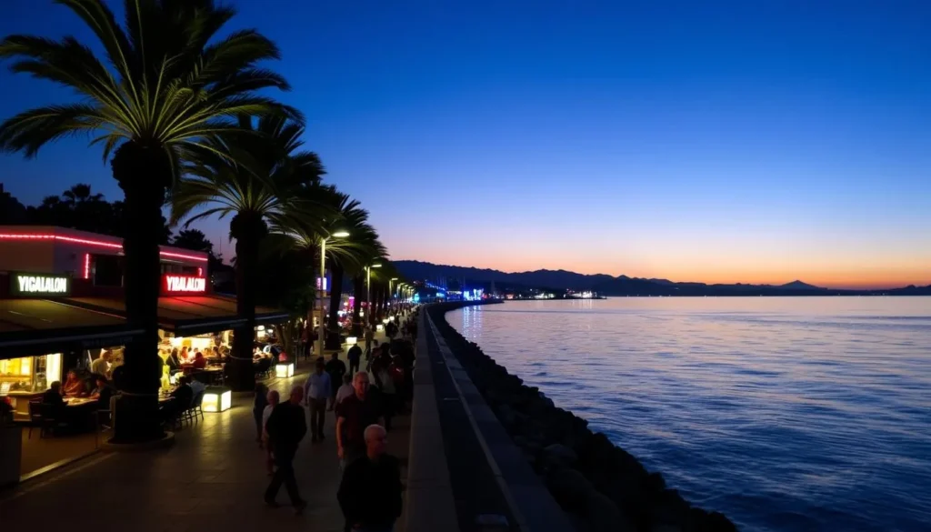 Evening view of the Yigal-Alon Promenade in Tiberias with lights reflecting on the Sea of Galilee Evening view of the Yigal-Alon Promenade in Tiberias with lights reflecting on the Sea of Galilee