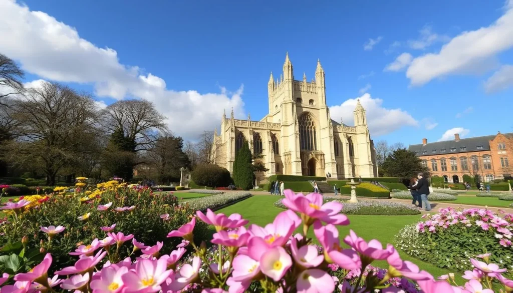 Exeter Cathedral and surrounding gardens in spring with blooming flowers