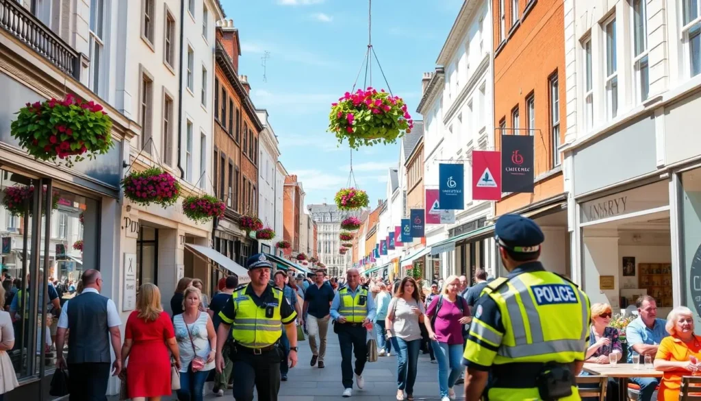 Exeter High Street with pedestrians shopping and dining safely