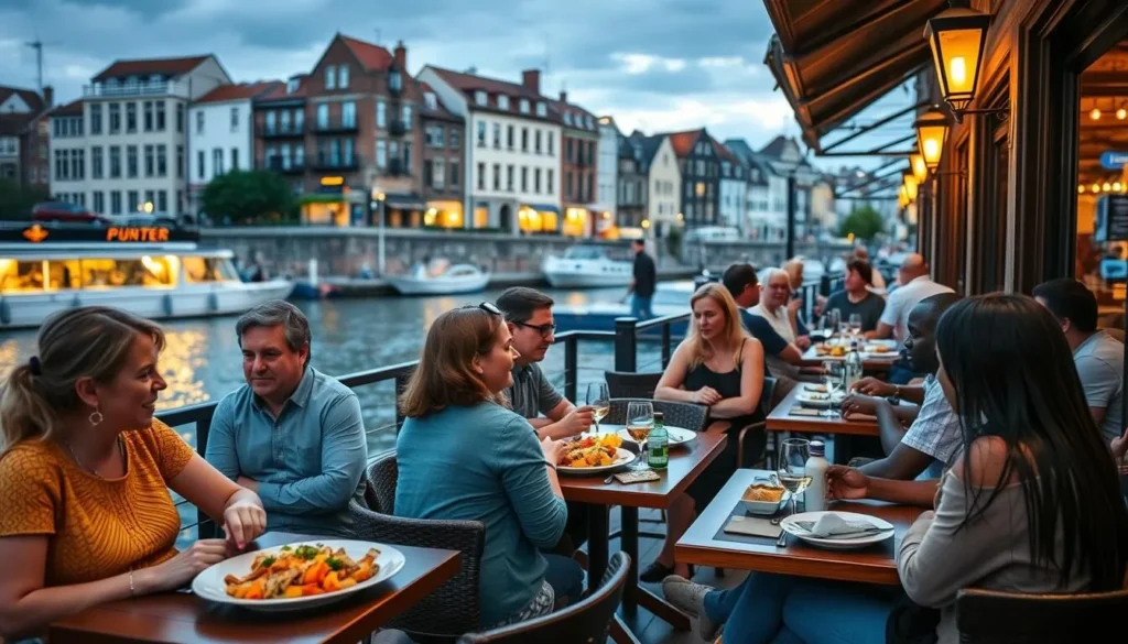 Exeter Quayside restaurant with outdoor seating and river views, diverse diners enjoying local cuisine