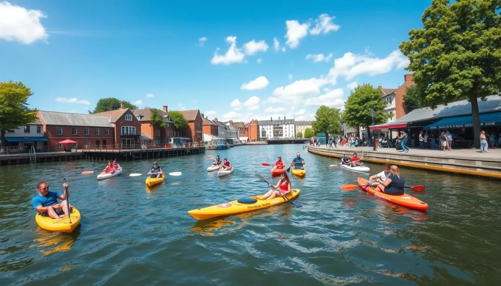 Exeter Quayside with people kayaking and paddleboarding on the River Exe