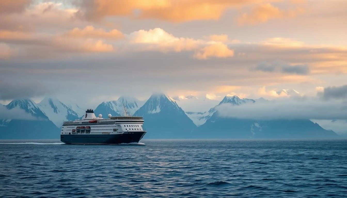 Expedition cruise ship approaching South Georgia Island with mountains in background