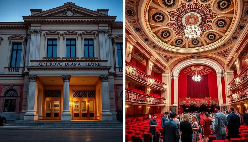 Exterior and interior of Kemerovo Drama Theatre with architectural details Exterior and interior of Kemerovo Drama Theatre with architectural details