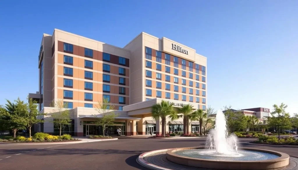 Exterior of Hilton Dallas/Southlake Town Square hotel with fountain in foreground Exterior of Hilton Dallas/Southlake Town Square hotel with fountain in foreground