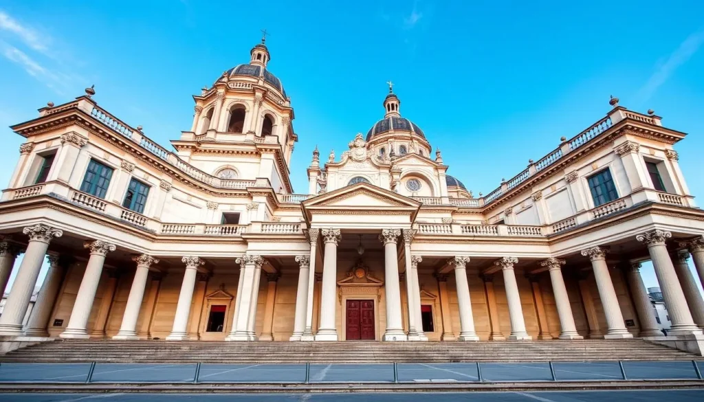 Exterior of the Basilica of Our Lady of Nazareth with its neoclassical facade and domes