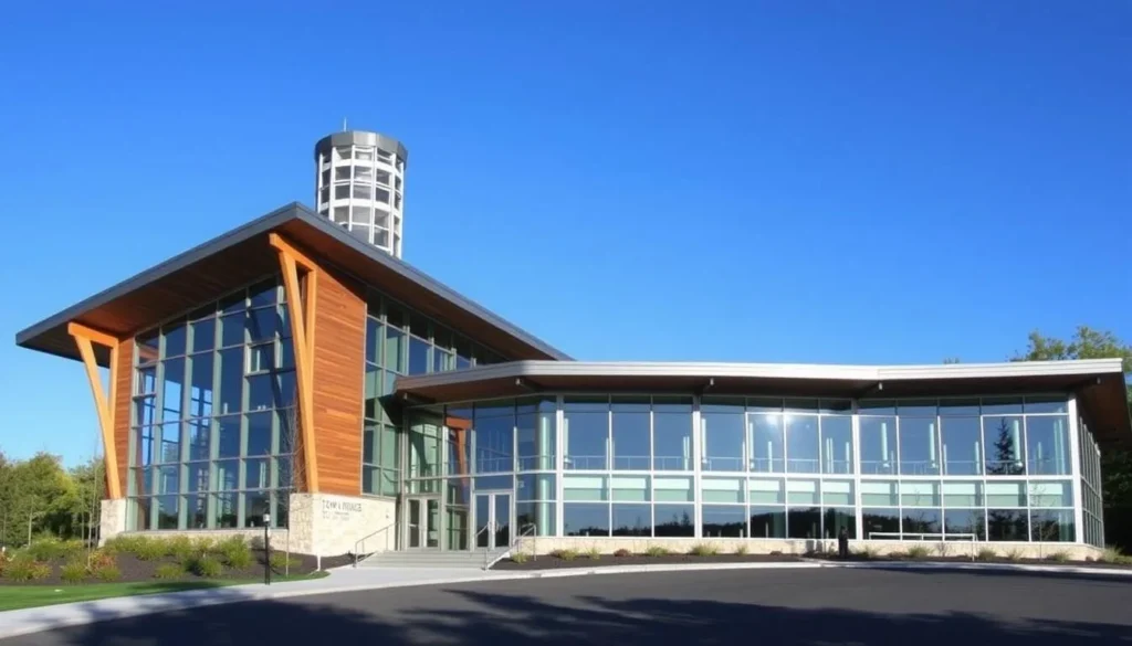 Exterior of the Tom Ridge Environmental Center with its distinctive architecture and observation tower