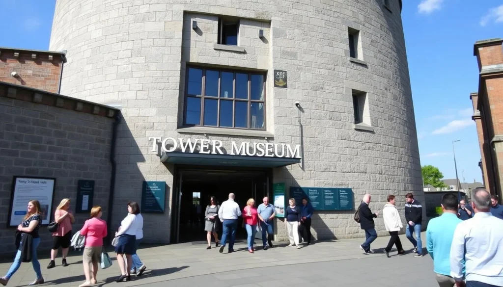 Exterior of the Tower Museum in Derry with visitors entering
