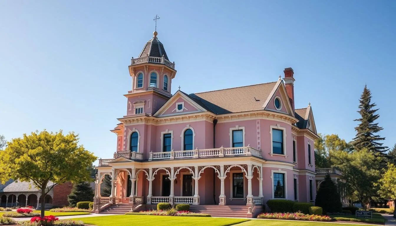 Exterior view of Bidwell Mansion State Historic Park showing the pink-tinted three-story Victorian mansion with its distinctive tower and Italian villa architecture