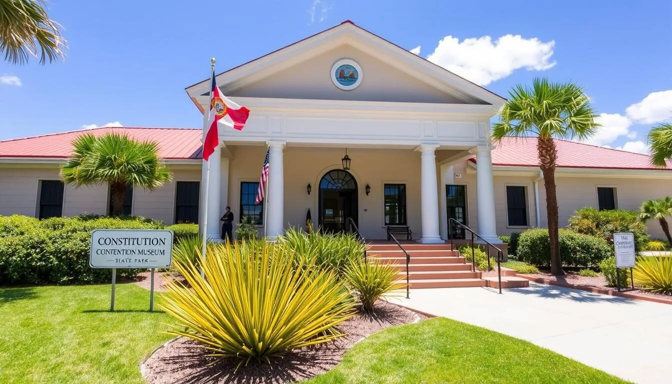 Exterior view of Constitution Convention Museum State Park building with Florida flag