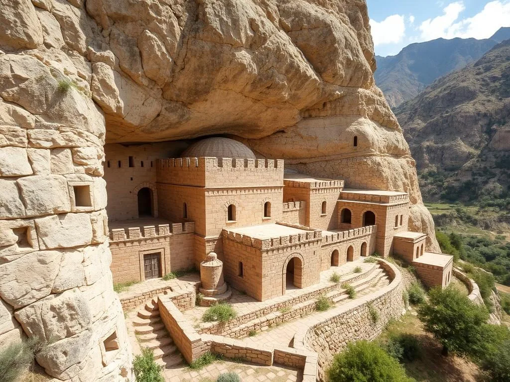 Exterior view of Deir Qannoubin monastery showing ancient stone architecture in Qadisha Valley Exterior view of Deir Qannoubin monastery showing ancient stone architecture in Qadisha Valley