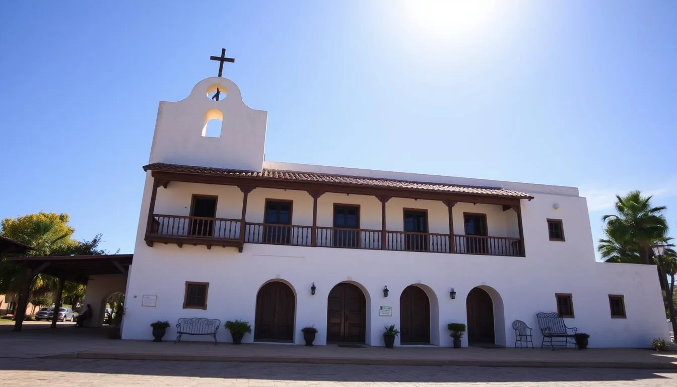 Exterior view of the Rancho San Andrés Castro Adobe on a sunny day with blue skies