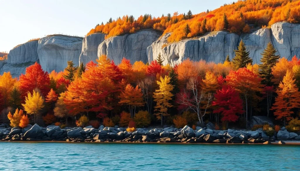 Fall colors at Bruce Peninsula National Park with red and orange maple trees along the shoreline Fall colors at Bruce Peninsula National Park with red and orange maple trees along the shoreline