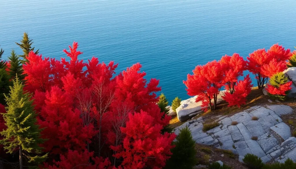 Fall colors at Georgian Bay Islands National Park with red and orange maple trees against granite shoreline