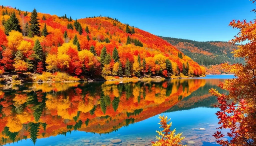 Fall colors at Killarney Provincial Park with vibrant red and orange maple trees reflecting in a crystal clear lake - popular things to do in Killarney, Ontario