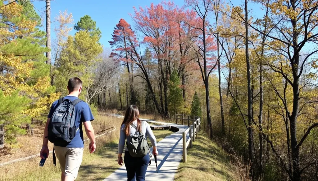 Fall colors at Lake Louisa State Park with hikers enjoying the trail in comfortable weather Fall colors at Lake Louisa State Park with hikers enjoying the trail in comfortable weather