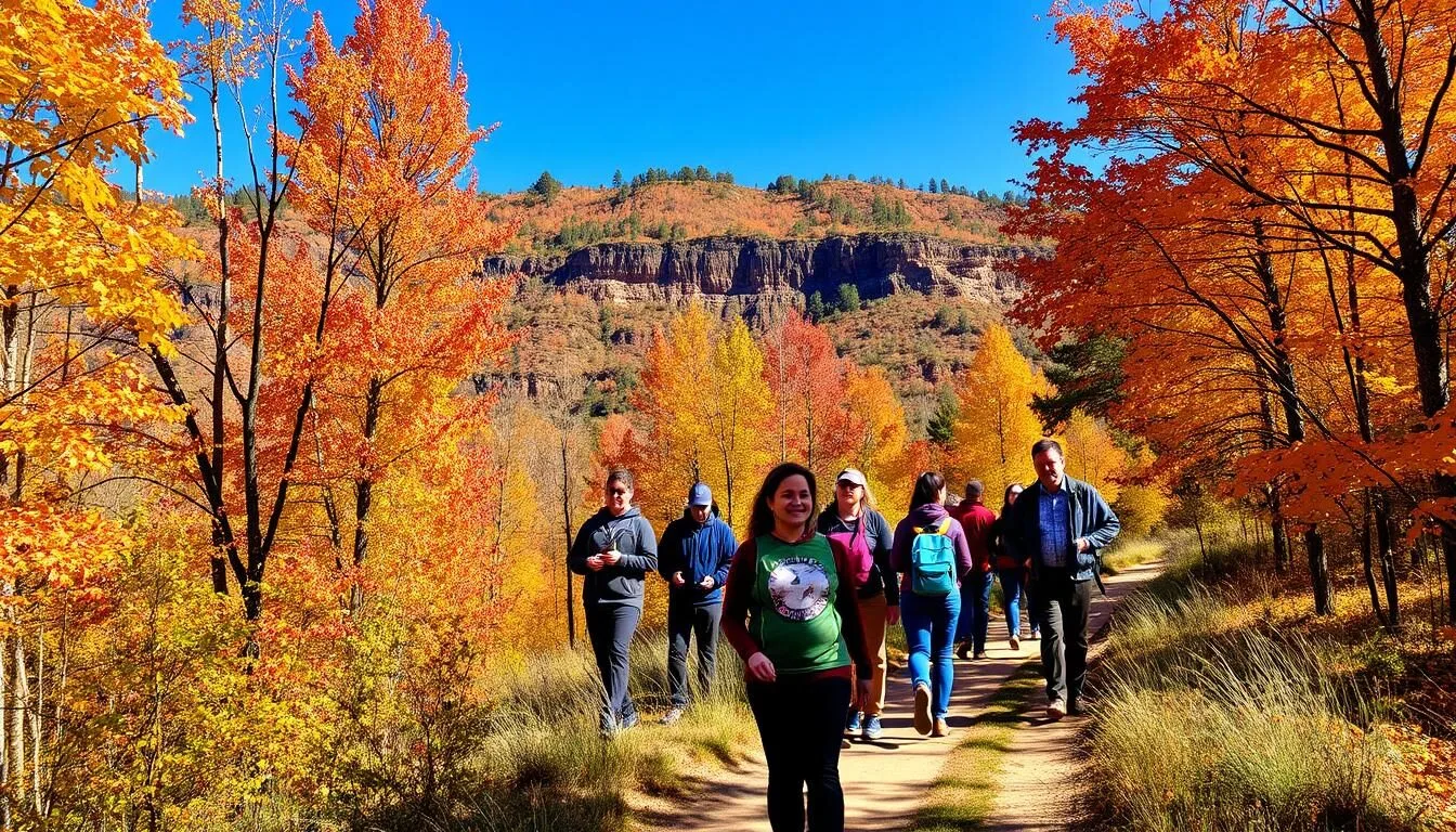 Fall colors at Malakoff Diggins State Historic Park with visitors hiking on a trail
