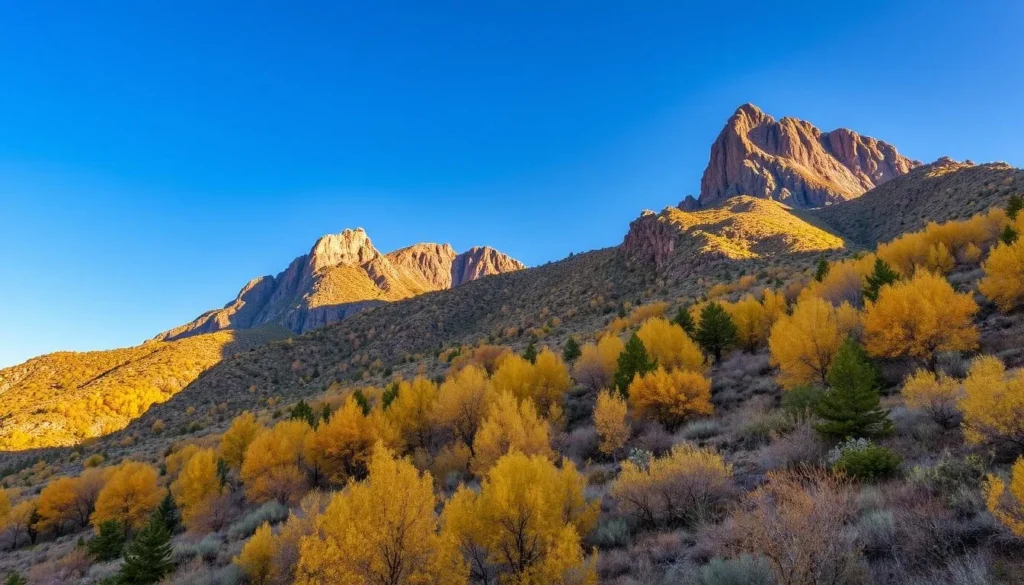 Fall colors in Davis Mountains State Park, Texas with golden foliage against mountain backdrop