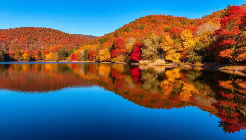 Fall colors surrounding Chilhowee Lake with vibrant autumn foliage reflecting in the water