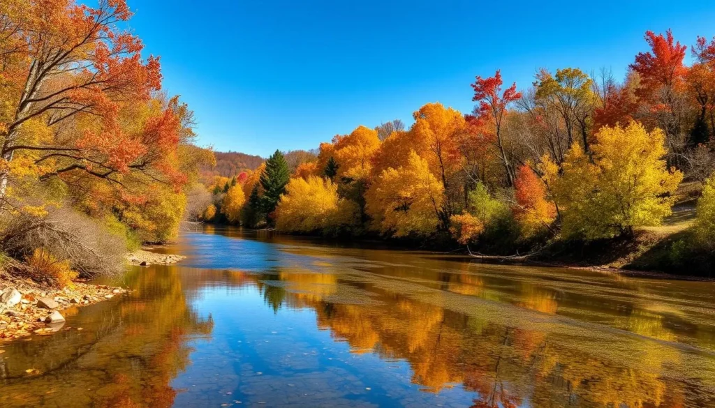 Fall foliage along Little River in Townsend, Tennessee during autumn